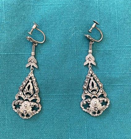 Image 2 of Vintage Indian Silver Long Drop Clip on Earrings
