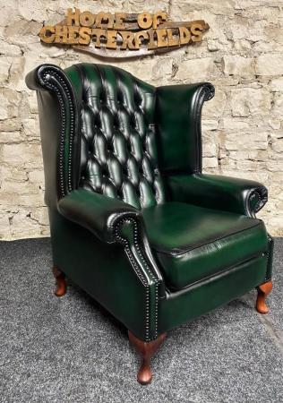 Image 1 of Queen Anne Wingbacked Armchair Green Leather