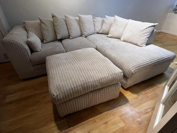 Image 2 of 3 seater corner sofa & footstool in cream corduroy