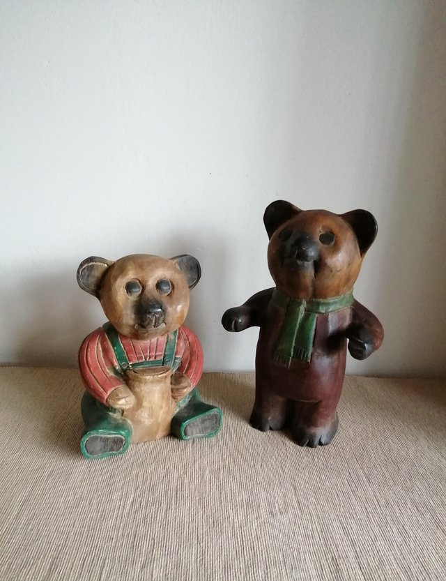 Preview of the first image of 2 wooden carved painted teddy bear ornaments/solid figures.