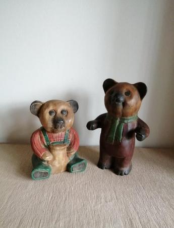 Image 1 of 2 wooden carved painted teddy bear ornaments/solid figures