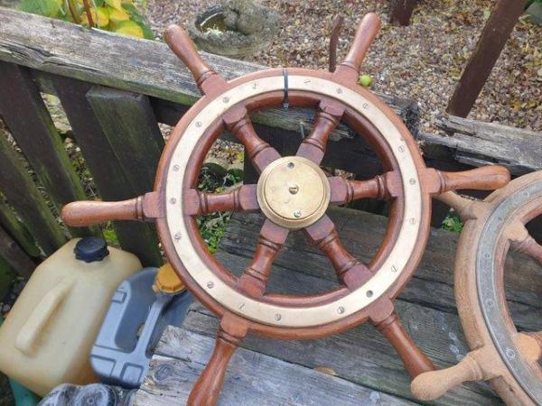 Image 3 of 2 boat steering wheels brass and wood 23ins long
