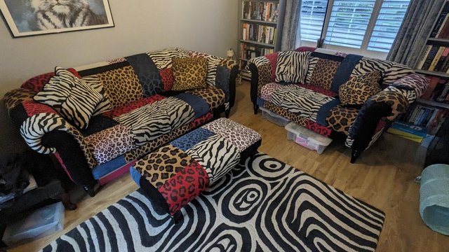 Preview of the first image of DFS Animal Print Sofas and Footstool - COLLECTION ONLY.