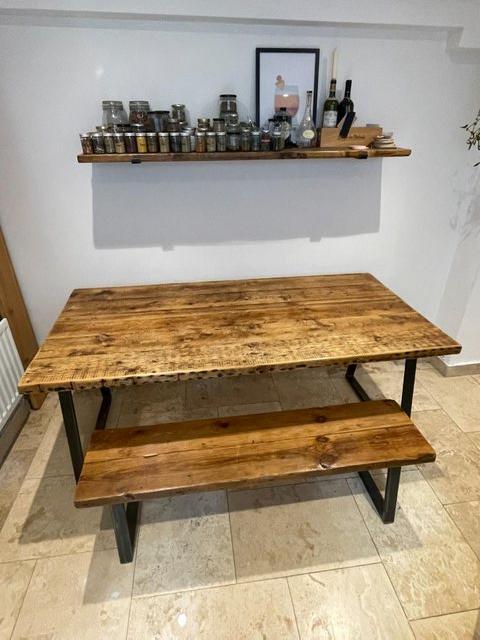 Preview of the first image of Industrial reclaimed wooden table and bench.