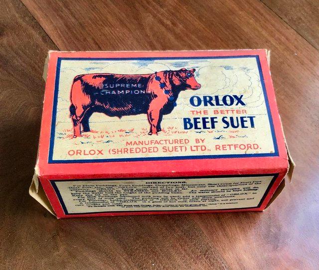 Preview of the first image of Antique 1920’s original, empty, large Orlox Beef Suet box.