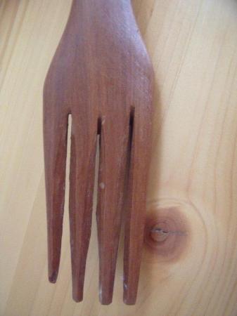 Image 3 of Long vintage hand carved wooden fork/tribal figure handle.