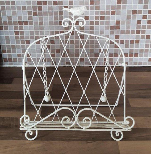 Preview of the first image of Decorative Distressed Look Cream Metal Cookbook Stand.