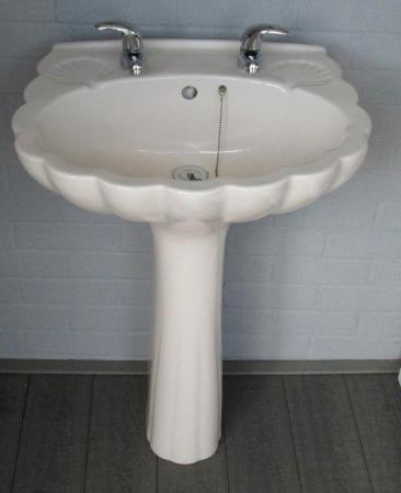 Image 3 of BATHROOM 2 PIECE SET, WASH BASIN WITH TAPS & CISTERN, CREAM,