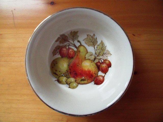 Preview of the first image of J Sadler & Sons ceramic white dish, with fruit decoration.