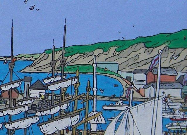 Preview of the first image of Whitehaven harbour west Cumbria tall ships naïve style art p.