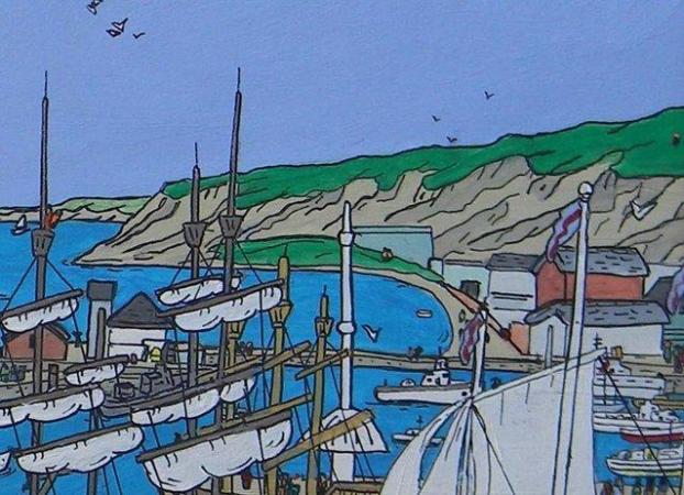 Image 1 of Whitehaven harbour west Cumbria tall ships naïve style art p