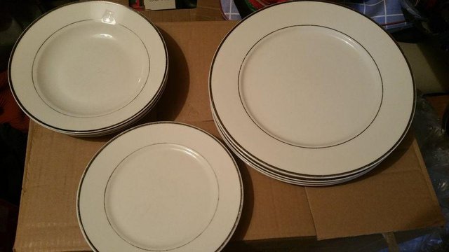 Image 1 of white & silver 4 plates, 4 soup dishes etc