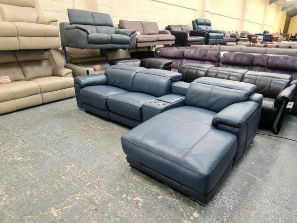 Image 7 of Laurence Smoke blue leather electric recliner chaise sofa