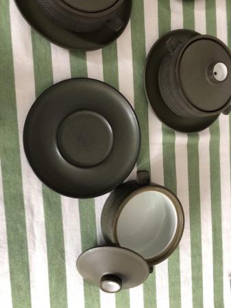 Image 2 of Denby Olive Chevron Soup Bowls and Saucers