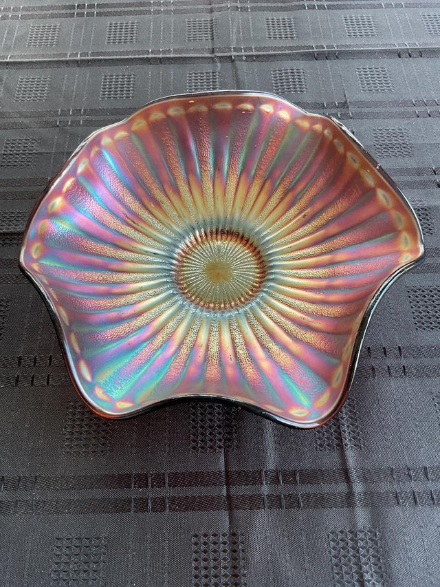 Preview of the first image of Ruffle Edged Amethyst Carnival Glass Dish.