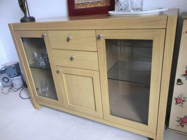 Image 2 of Light oak? sideboard with 2 drawers & 2 glass display doors