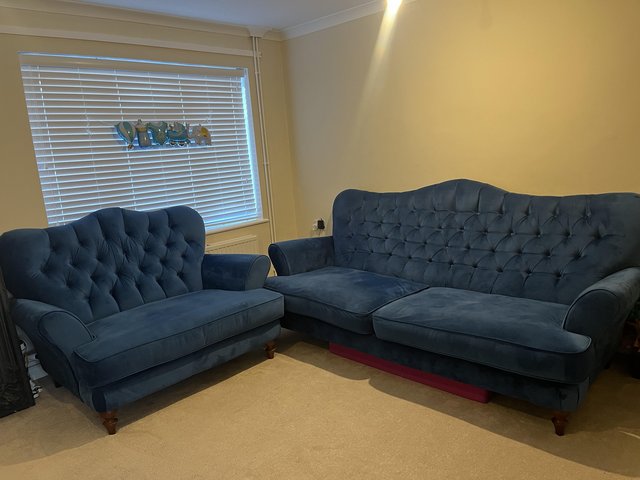Preview of the first image of Beautiful Royal Blue Velvet Sofa.