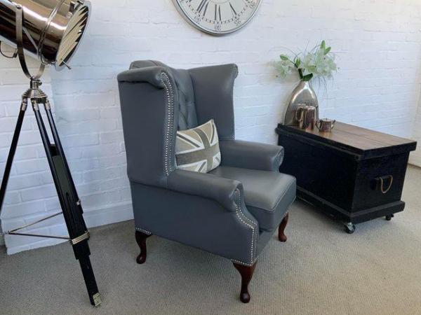 Image 2 of Grey Queen Anne Chesterfield armchair. Sofa available.