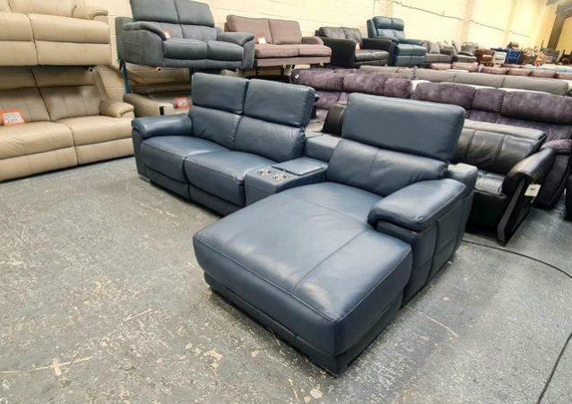 Image 13 of Laurence Smoke blue leather electric recliner chaise sofa