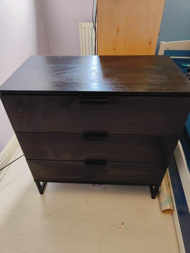 Preview of the first image of Brown 3 draw chest of drawers.
