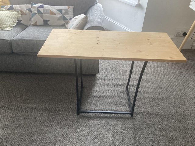 Unfinished pine top table black metal legs 