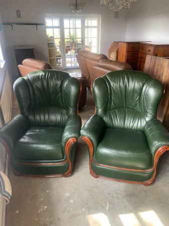 Image 3 of Lovely 3 piece Green leather suite wood trim as new £200