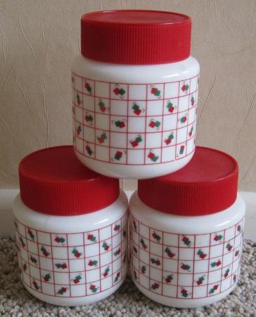 Image 1 of Set of 3 red and white glass containers
