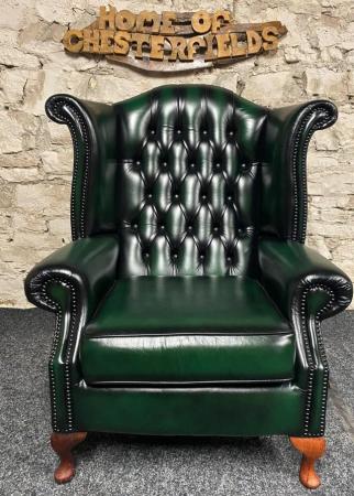 Image 5 of Queen Anne Wingbacked Armchair Green Leather