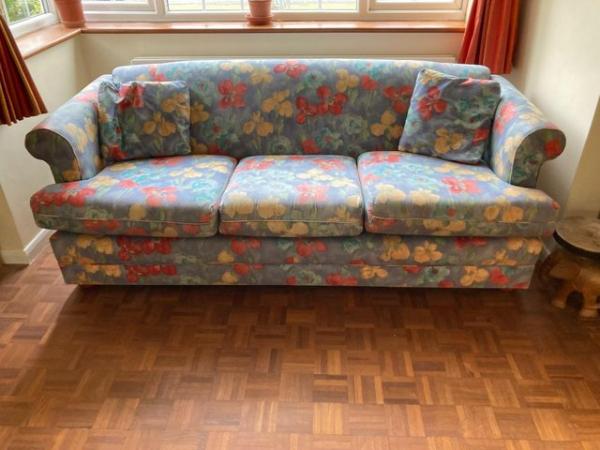 Image 1 of 3 seater sofa 204cm wide with cushions-mauve with red orange