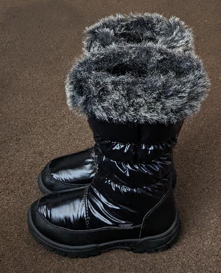 Preview of the first image of Ladies Black Vinyl Boots With Faux Fur Trim - Size 5.
