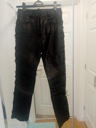 Image 3 of Ladies leather laced side motorcycle jeans, black.