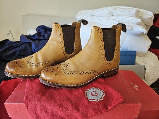 Preview of the first image of Grenson Jacob brogue boots, Tan, Size 9 G fitting.