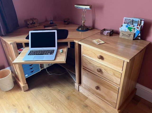 Preview of the first image of Large solid oak corner desk and filing/drawer set-hand made.