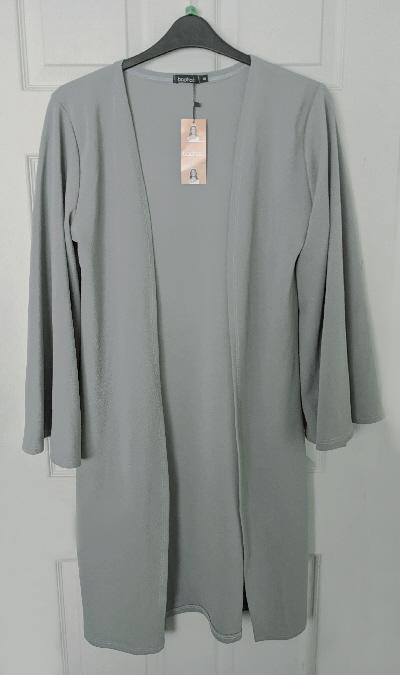 Preview of the first image of Boohoo Long Light Grey Wide Sleeve Kimono Coat - Size M  B13.