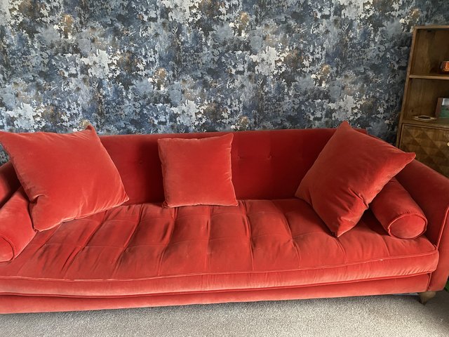 Preview of the first image of Burnt orange velour sofa.