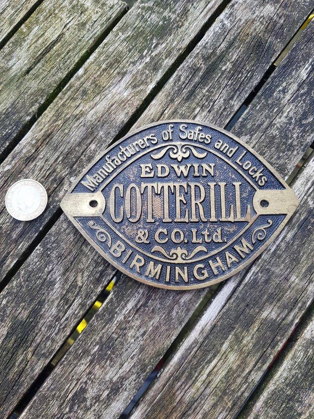 Preview of the first image of brass plaque edwin cotterill birmingham bank safe man cave.