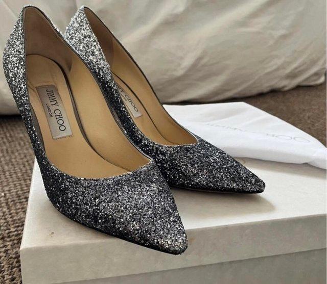 Preview of the first image of Jimmy Choo Romy Heels Navy/Silver UK Size 5 Original Box.