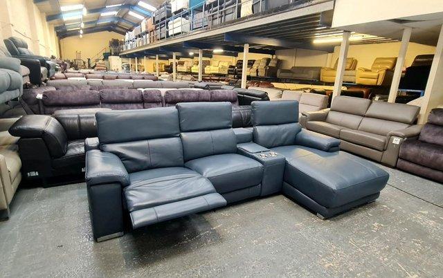 Image 14 of Laurence Smoke blue leather electric recliner chaise sofa