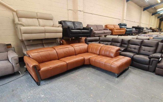 Preview of the first image of Packham Metz caramel leather electric recliner corner sofa.
