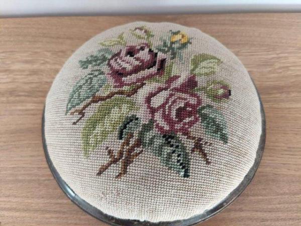 Image 3 of Antique small embroidered circular footstool.