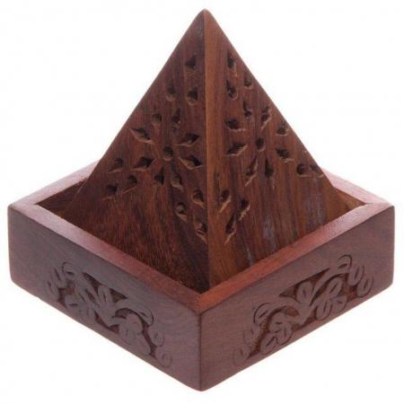Image 2 of Pyramid Sheesham Wood Incense Cone Box with Fretwork. .