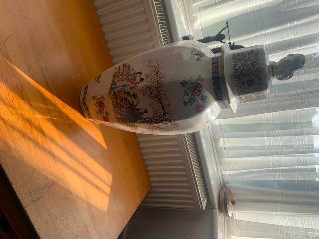 Preview of the first image of LARGE CHINESE VASE 29 INCHES SLIGHT RIM DAMAGE.
