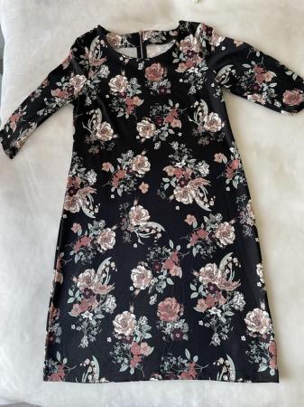 Image 1 of Floral short dress, black with green/peach/cream size 10-12