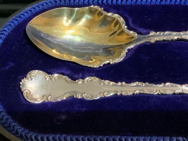 Image 3 of Silver & Gilt Pair of Serving Spoons in their original Case