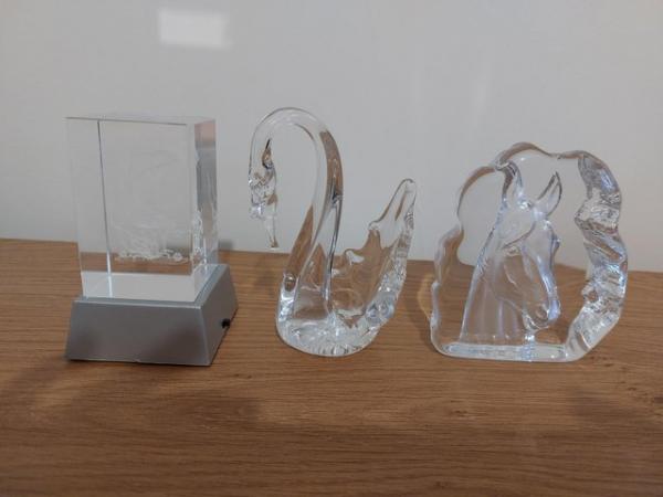 Image 3 of Three glass ornaments, horse head, Swan and Dolphins which l