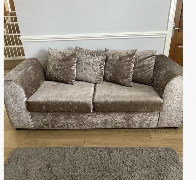 Preview of the first image of 2 and 3 seater grey velvet sofas.