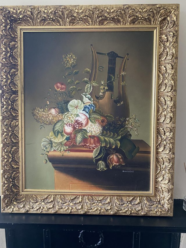 Preview of the first image of Oil painting flowers and lyre instrument manicini.