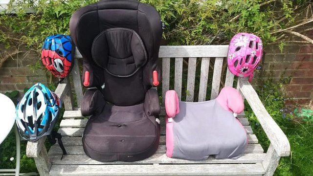 Image 1 of Full child car seat and pink covered booster seat