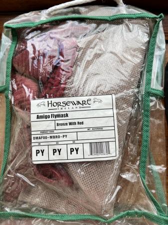 Image 1 of Horsewareamigo pony size fly mask, bronze/red