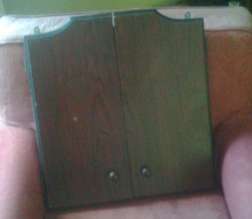 Image 2 of pre-owned dart board in wood cabinet-better than picture!